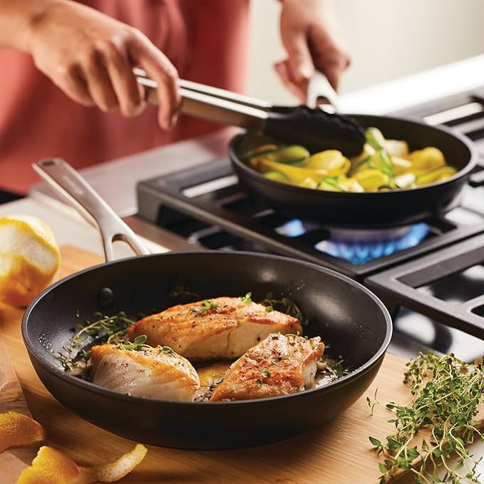 KitchenAid Hard Anodized Induction Nonstick Frying Pan Set With Lid, 3-Piece – 8 & 10 Inch Skillets, Durable, Even Heating, Dishwasher & Oven Safe, Easy-Clean, Matte Black