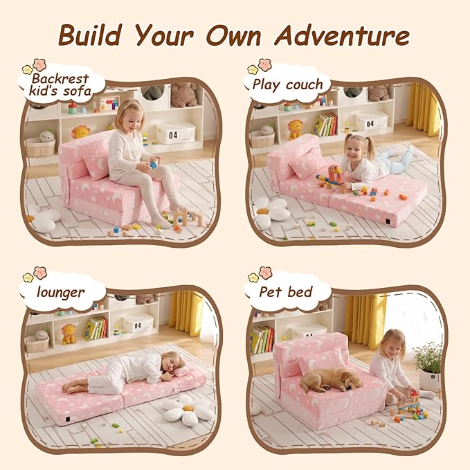 Folding Sofa Bed Floor Mattress for Kids with Pillow, Toddler Glow in Dark Washable Folding Floor Mat for Daycare, Child Foldable Futon Chair with Storage Bag for Playroom, Camping, Pink Moon