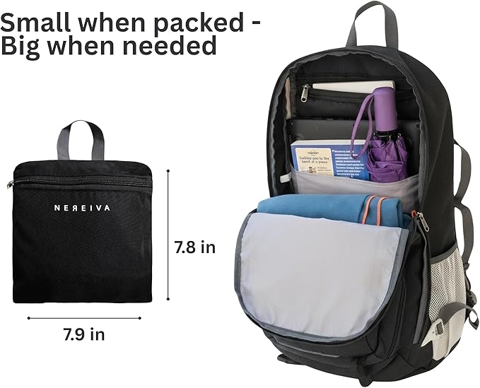 Foldable Backpack with Rain Cover - Multiple Pockets - Waterproof Lightweight Packable Backpack for Travel Camping, 35L Hiking Foldable Daypack for Men Women Black