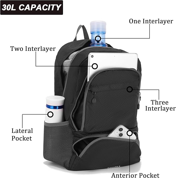 YZAOLL 30L Hiking Backpack Lightweight Day Packs, Packable Backpack for Women Men Travel Camping Vacation,Black