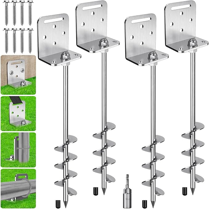 2/4/6 Pack 18" 24" Ground Anchors Screw in Shed Earth Anchor Stakes Set with L Bracket Trampoline Anchor Spiral Swingset Anchors for Swing Set, Fence, Tent, Mobile Home, Canopy, Carport, Playset