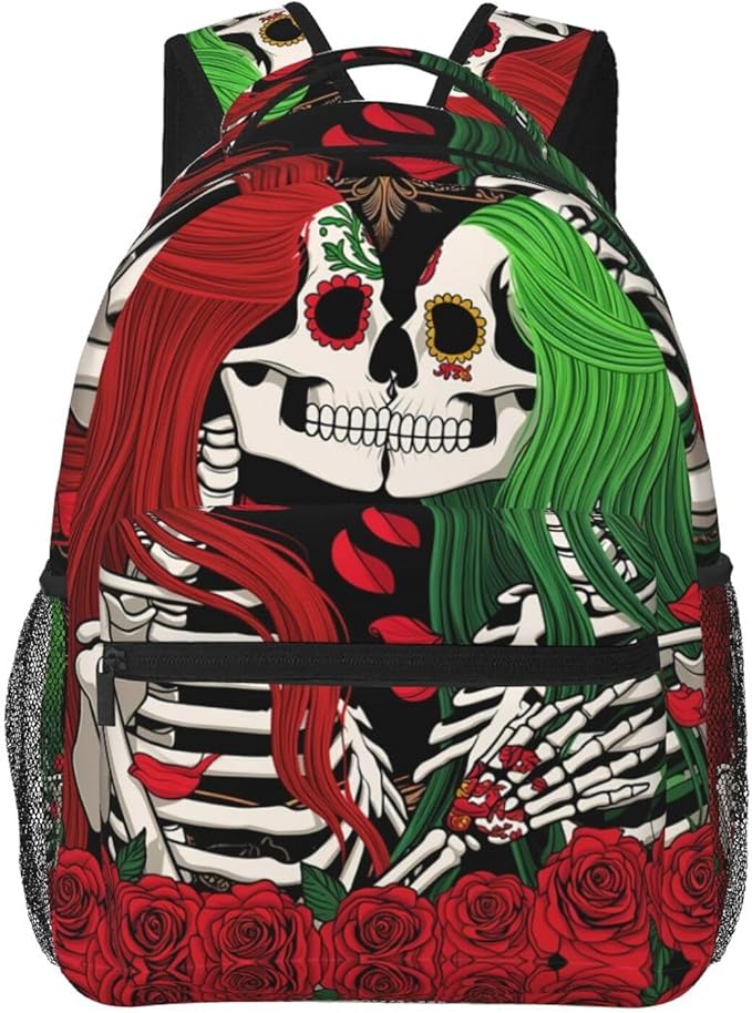 Men Women Polyester Skull Red And Green Hair Art Daypack Big Capacity Shoulder Bag With Smooth Zippers for Hiking Work Walking Cycling