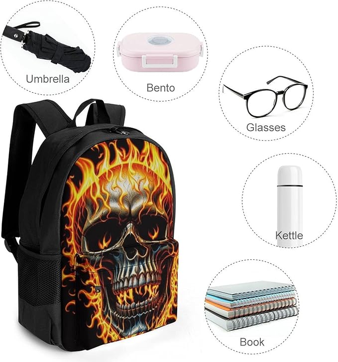 Backpack Polyester Anti-Theft Multipurpose Flaming Fire Skull Bookbag Large Capacity Laptop Book Bag Rucksack With Side Pockets