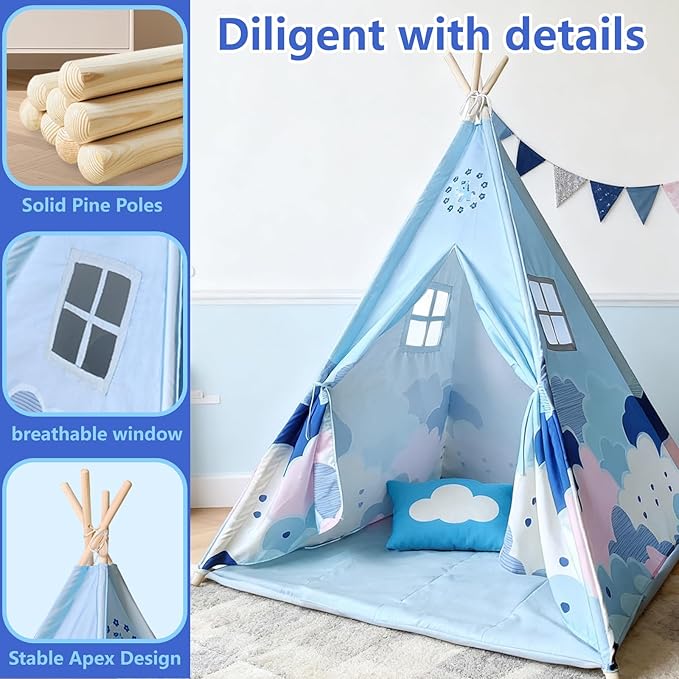 Pony Teepee Tent for Kids and Pets Blue Cloud Play Tent with Mat & Windows, Foldable Indoor Toddler Tent for Boys & Girls, Cute Pony Playhouse for Kids and Cat Cozy Hideout for Reading and Cat House