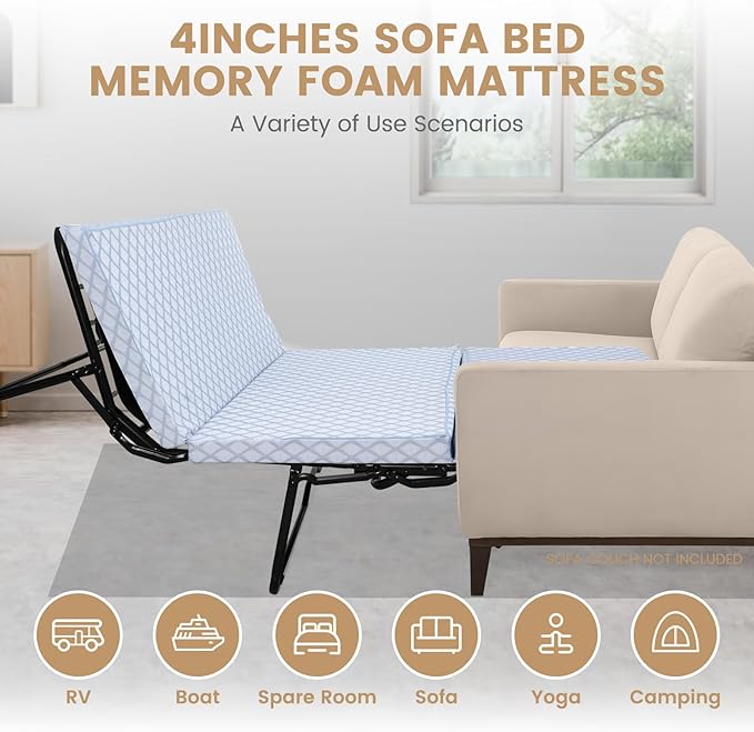 Begonia.K 4 Inch Foldable Memory Foam Sofa Bed Mattress Replacement, Full Size Pull Out Couch for Sleeper and Couch Beds Guest, RV Travel, Camping, 72" L x 53" W x 4" H, Sofa Not Included