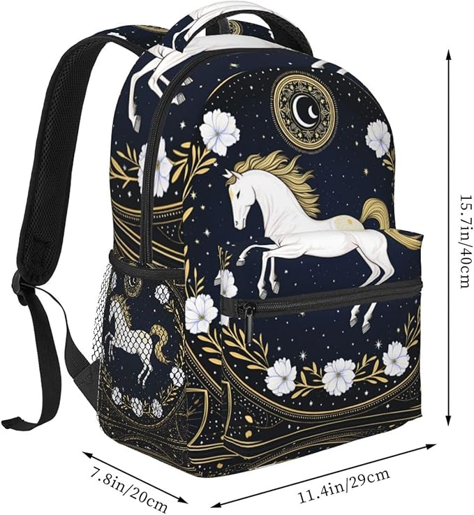 Daypack Bookbag Anti-Theft Multipurpose Large Capacity Bookbag, Running White Horse Starry Sky Flowers Elegant Art Travel Hiking Camping Rucksack With Adjustable Shoulder Straps