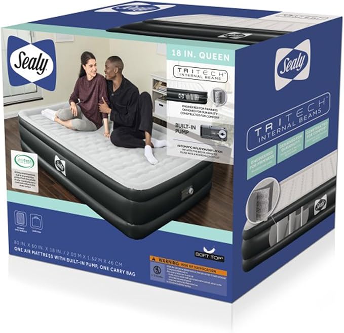 Sealy Tritech 18" Inflatable Air Mattress Bed with Built-in Pump, Storage Bag, and Repair Patch, for Indoor and Outdoor Use, Queen