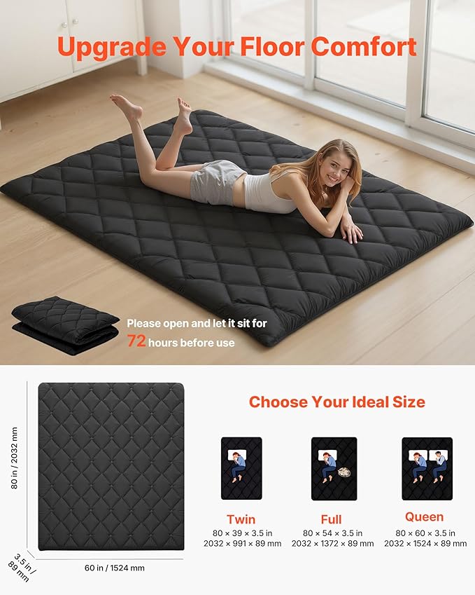 VEVOR 9-Layer Japanese Futon Mattress, 3.5" Thick Queen Tatami Mat, Foldable Roll Up Mattress for Sleeping with Storage Bag, Portable Floor Mattress for Camping Dormitory Yoga, Black