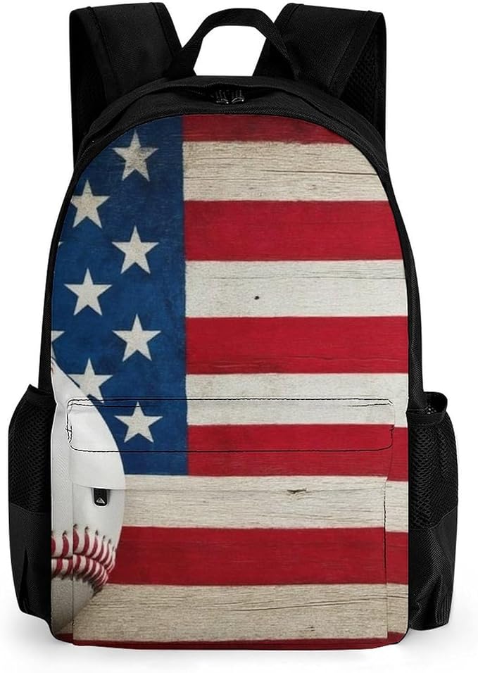 Polyester Daypack Backpack for Trekking Picnic Walking Cycling, Large Capacity Anti-Theft Multipurpose Shoulder Bag, Baseball Rustic Wooden American Flag Casual Daypack