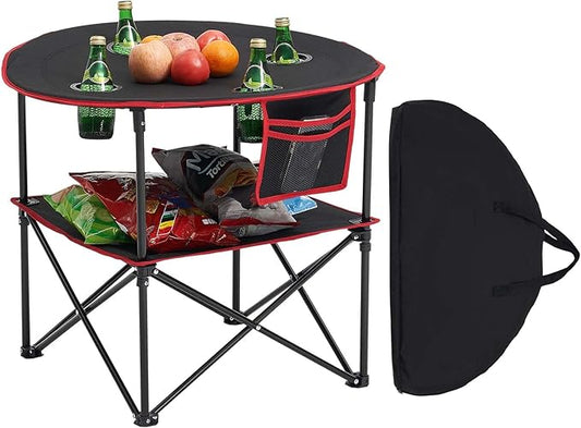 VEVOR Folding Camping Table, Portable Outdoor Lightweight Picnic Table, 600D Oxford Fabric Waterproof Canvas Travel Beach Tables, with 4 Cup Holders, Carry Bag, for Tailgating Camping Picnic, Black