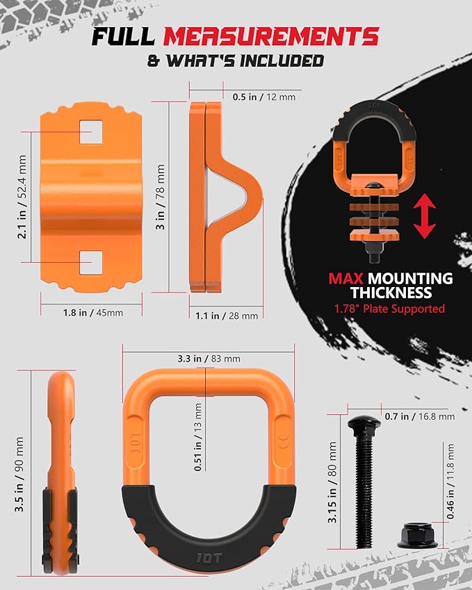 D-Ring Tie Down Anchors with Rubber Isolators, 4 Pack Heavy Duty 10 Ton Capacity Carbon Steel, Bolt-On with Mounting Hardware, Zinc & Powder Coated for Trailer, Truck, Pickup, Garage-Orange