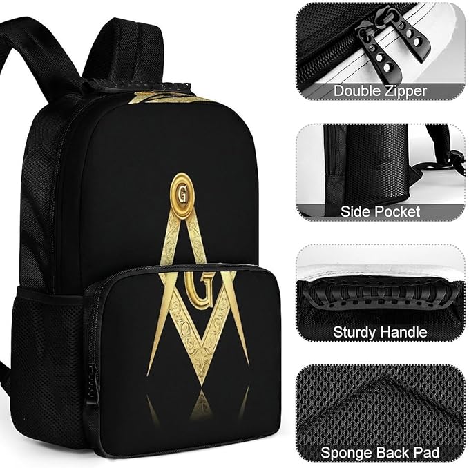 Men Women Polyester Gold Freemason Freemasonry Masonic Daypack Backpack Large Capacity Carry On Bag With Smooth Zippers for Hiking Picnic Walking Cycling