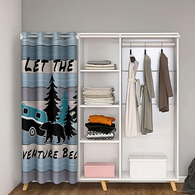 Camper Adventure Kids Door Curtain,Bear Pine Tree Rustic Farmhouse Blackout Curtain,Wooden Plank Cottage Cabin Bedroom Doorway Living Room Decor,Blue Black Privacy Door Drape 1 Panel,52" W X 80" L