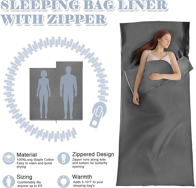 Sleeping Bag Liner,Long Staple Cotton, Adult Sleep Sack & Travel Sheets,Travel Sleep Sack for Backpacking, Hotels & Hostels Lightweight Travel Sheet Camping Sheets,Has Full Length Zipper