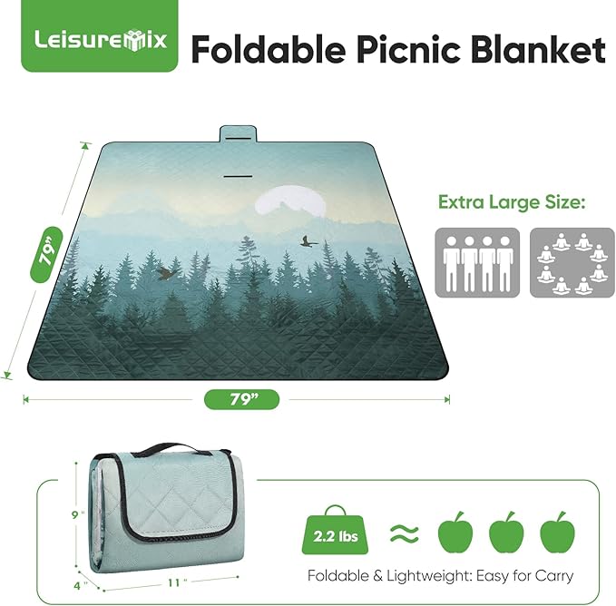 Picnic Blanket Waterproof Extra Large 79”x79” 210D Oxford Outdoor Blanket for Grass Portable Sand Proof Beach Blanket for 6-8 Adults, Morning Forest