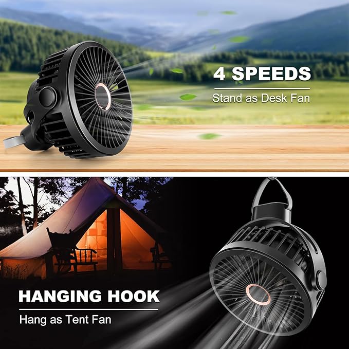 Odoland 10000mAh Camping Rechargeable Fan with Hanging Hook Carabiner, Portable Battery Operated Tent Fan, Quiet Strong Airflow, Outdoor Small USB Desk Fan for Picnic Travel Barbecue Fishing