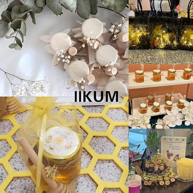 IIKUM 60 Pack 1.5 oz Hexagon Mini Glass Honey Jars with Wooden Dippers, Bee Pendants, Gift Bags, Thank You Cards, Jutes and Cute stickers- Perfect for Baby Shower, Wedding Favors and Party Favors