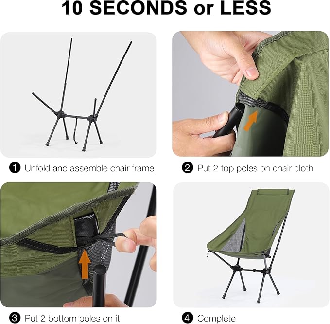 High Back Beach Chair for Adults, Lightweight Compact Backpacking Camp Chair for Outdoor, Green