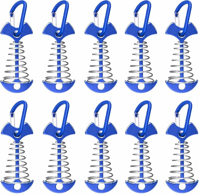 Fishbone Deck Anchor Pegs with Carabiners, Aluminium Tent Stakes with Spring Buckle, Windproof for Outdoor Camping Hiking (10Pcs Blue)