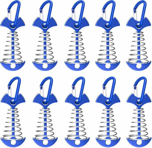 Fishbone Deck Anchor Pegs with Carabiners, Aluminium Tent Stakes with Spring Buckle, Windproof for Outdoor Camping Hiking (10Pcs Blue)