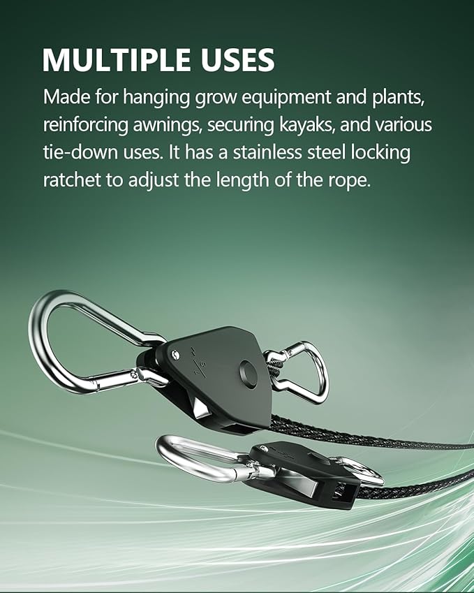 4-Pack 1/8" Adjustable Rope Hanger, Heavy Duty Ratchet Tie Down Strap with Reinforced Metal Gear, Ratcheting Pulley System Kayak Straps for Hanging Plants Grow Light and Various Tie-Down Uses