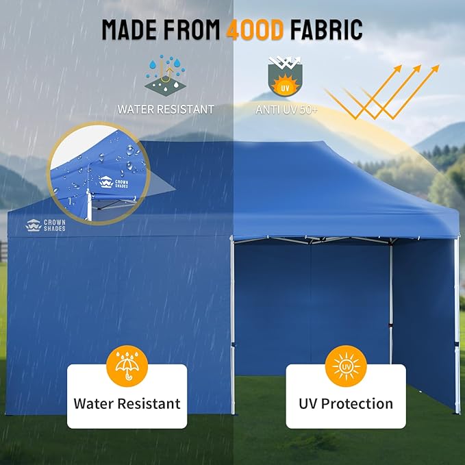 CROWN SHADES 10x20 Pop Up Canopy Tent, Thicken Frame Commercial Heavy Duty Tent, 4 Sidewalls 8 Stakes & 4 Sandbags & 4 Ropes, Outdoor Canopies for Events, Parties, Blue