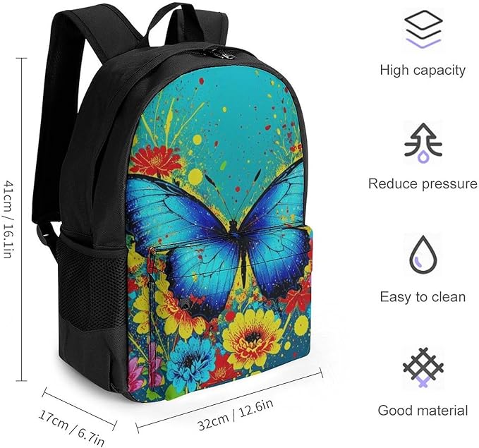Supdreamc Women Men Polyester Colorful Watercolor Blue Butterfly Casual Daypack Large Capacity Bookbag With Side Pockets for Sports Picnic Walking Cycling
