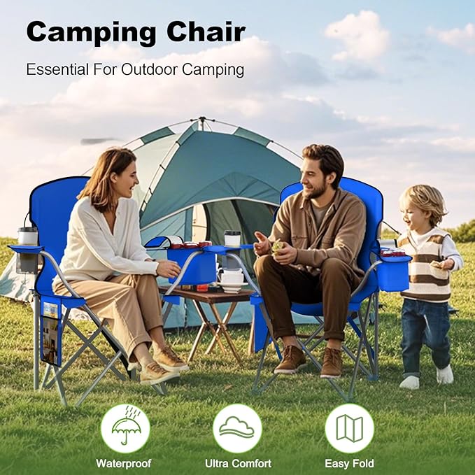 Folding Camping Chairs Durable 600D Oxford, Portable Outdoor Chair with Cooler Pouch, Cup Holder & Storage Pocket for Camping, Beach, Fishing