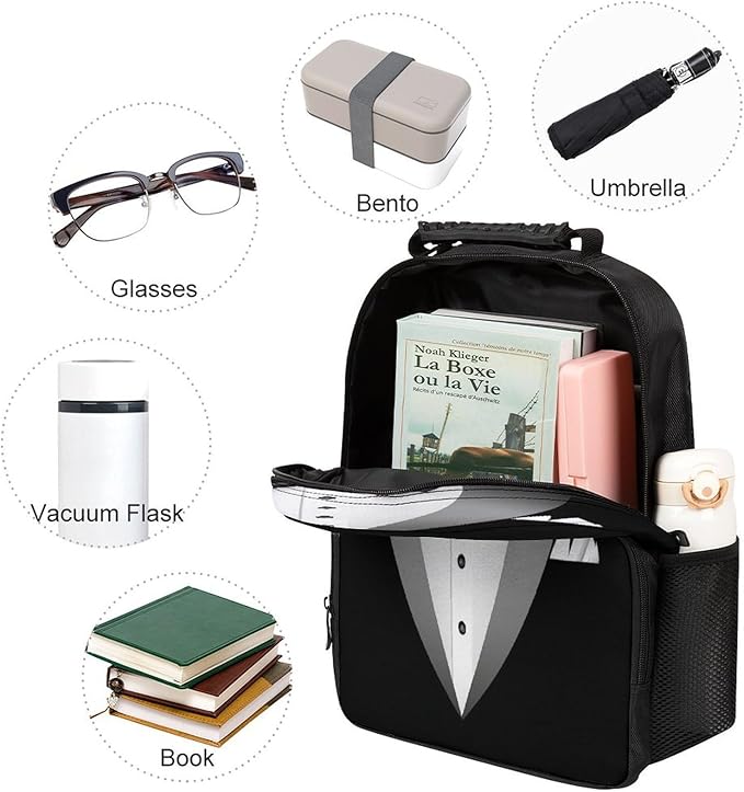 Men Women Polyester Black Tuxedo Casual Daypack Large Capacity Carry On Bag With Adjustable Shoulder Straps for Camping Work Running
