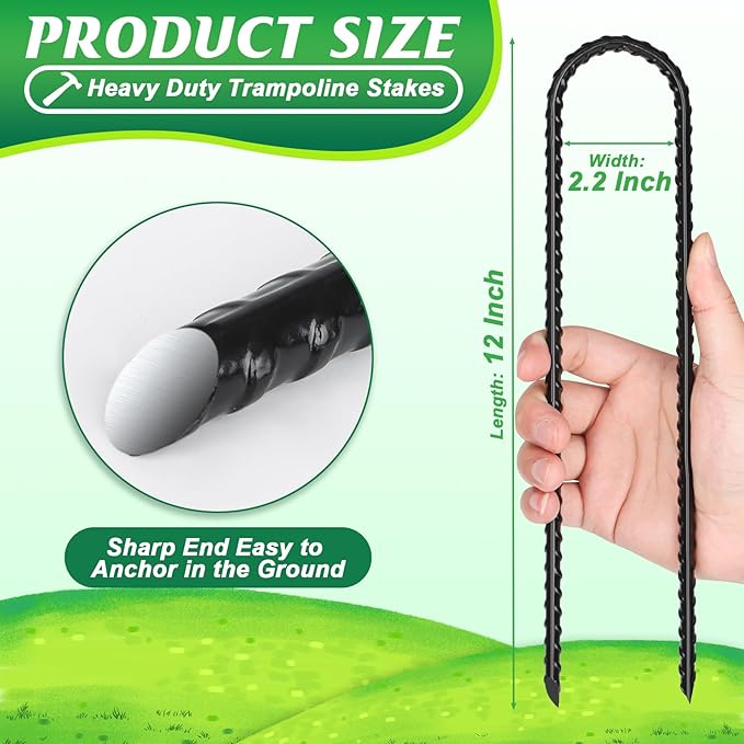Gtongoko 12 Pack Trampoline Stakes Anchors High Wind, 12 Inch Ground Anchors Heavy Duty, Trampoline Tie Down Anchor Kit, Ground Stakes Galvanized Steel, U Shaped, Black