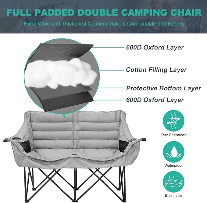 DoCred Double Camping Chair - Oversized Loveseat, 2 Person Camping Chair for Adults Heavy Duty,Two Person Folding Chair with Cup Holder, Supports up to 500 LBS for Outside Picnic Beach Travel