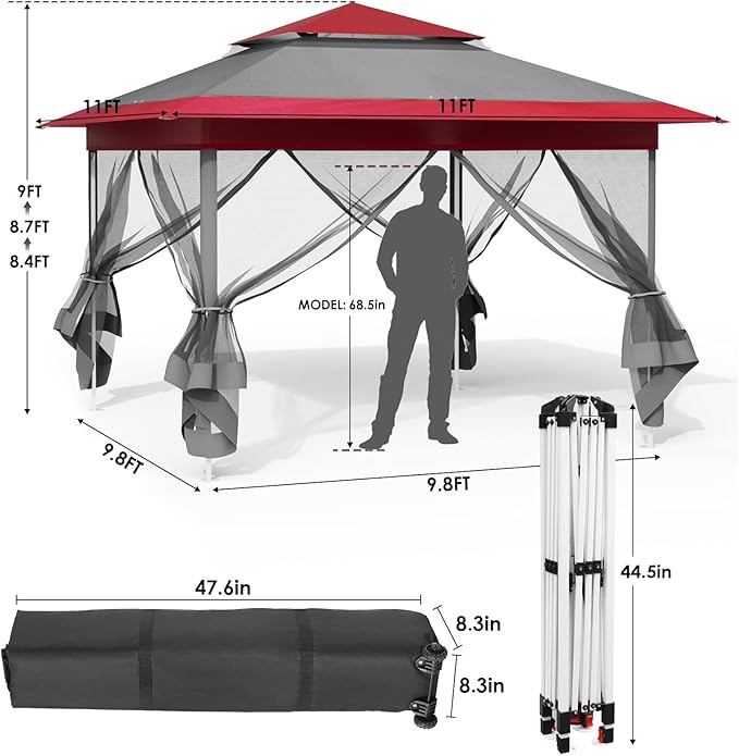 TLSUNNY 11' X 11' Gazebo, Pop Up Outdoor Canopy Tent W/4 Mesh Walls & Wheeled Bag, Screened Shelter with Netting, One-Person Set Up, Height Adjustable, for Patio, Yard, Party, Garden(Burgundy)