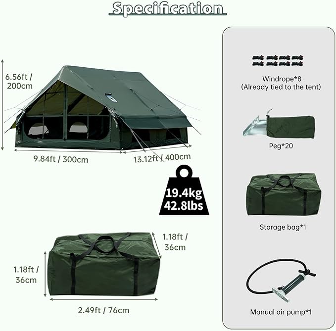 Inflatable Camping Tent with Hand Pump Waterproof Outdoor Blow up Tent 2-8 Person Oxford 4 Season Glamping Air Tent Cabin House with Mesh Windows & Door