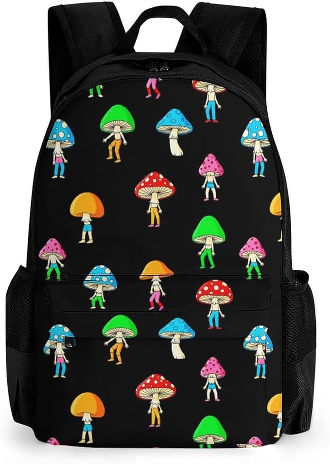 Supdreamc Men Women Polyester Funny Various Mushrooms Gnomes Art Backpack Large Capacity Bookbag With Smooth Zippers for Climbing Picnic Bicycle