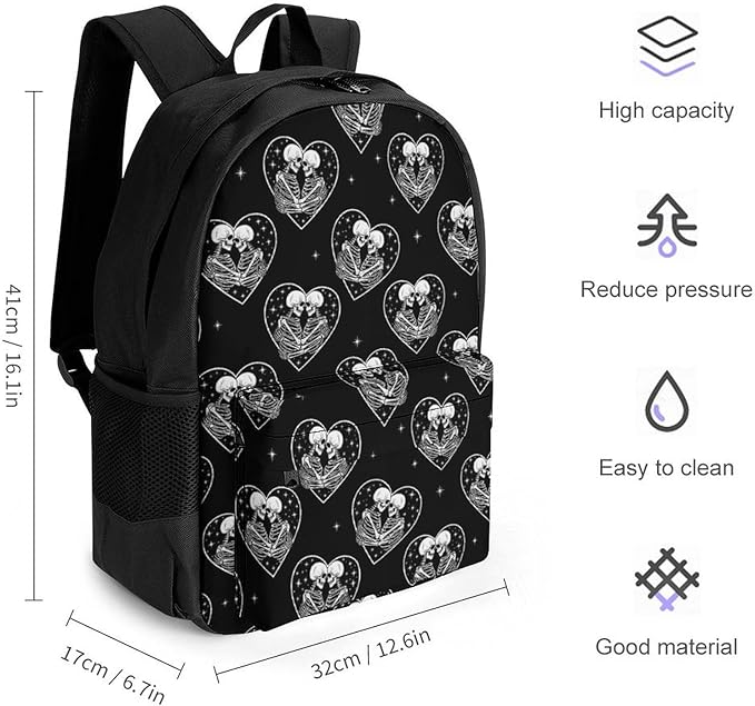Supdreamc Men Women Lightweight Black White Love Kiss Skull Skeleton Casual Daypack Big Capacity Bookbag With Padded Straps for Gym Travel Walking Cycling