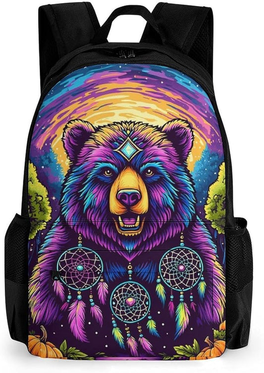 Lightweight Rucksacks for Camping Picnic Walking Cycling, Large Capacity Multipurpose Anti-Theft Carry On Bag, Bear Natural Landscape Psychedelic Mysterious Dreamy Art Travel Hiking Camping Rucksack