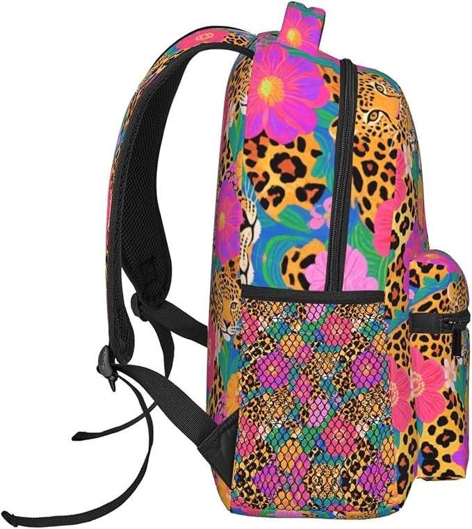 Men Women Polyester Red Floral Leopard Cheetah Art Daypack Big Capacity Shoulder Bag With Smooth Zippers for Hiking Work Walking Cycling