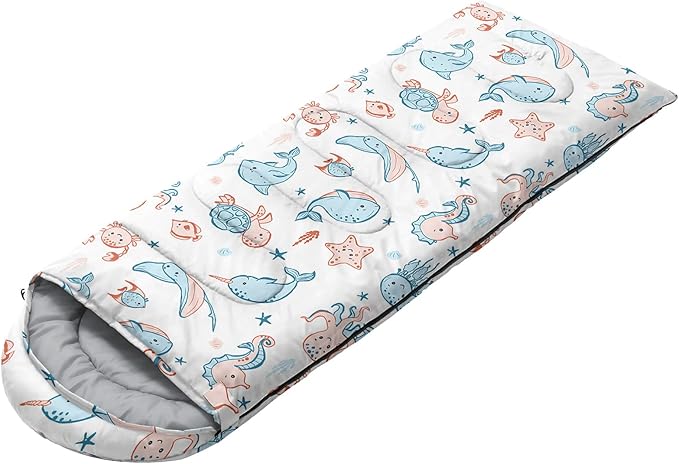 AILONEN Kawaii Puppy Sleeping Bag for Kids Boys Girls,Warm and Cool Weather,Lightweight,Waterproof Backpacking,Cartoon Cute Dog & Duck Animal Themed Blue Sleeping Bag for Camping