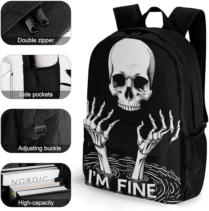 Supdreamc Lightweight Daypack Backpack for Sports Travel Running, Large Capacity Multipurpose Anti-Theft Bookbag, Funny Skull Head Fine Skeleton Laptop Backpack Daypack