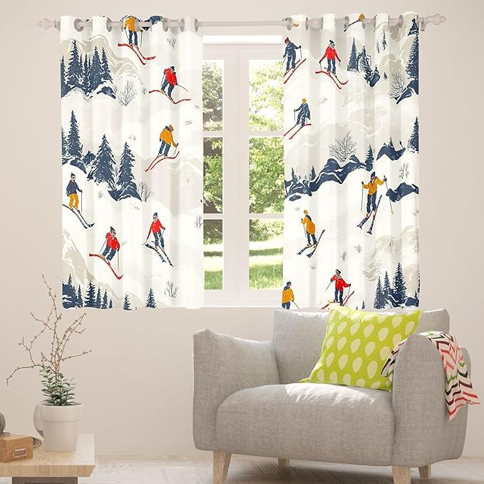 Manfei Skiing Window Drapes,Ski Winter Extreme Sport Competition Boys Girls Room Decor,Mountain Snowboarding Pine Tree Natural Blackout Curtains,Beige White 2 Panels,42Wx84L inch