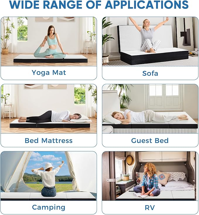 OLIXIS 4 Inch Full Size Tri-fold Memory Foam Mattress, Foldable Portable Floor Bed with Washable Cover, CertiPUR-US Certified Collapsible Mat for Kids, Adults, Travel, Camping & Yoga