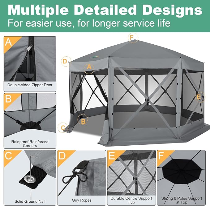 COBIZI 15x15 FT Pop Up Gazebo - Canopy Tent, Large Gazebos On Clearance,Instant Screened in Gazebo,carpas para Patio,Portable Screen Tents for 12-15 Persons Outdoor Camping, Backyard,Gray