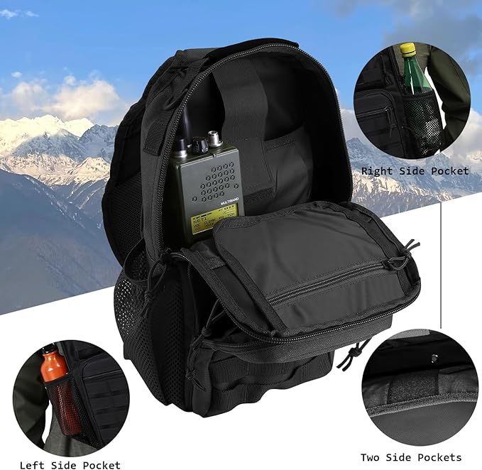 Rover Sling Pack Tactical Shoulder Sling Bag Backpack with Bottle Holder Crossbody Chest Bag, Black with Grey Patch