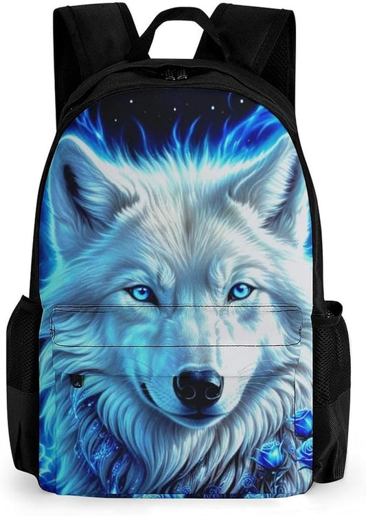 Rucksack Anti-Theft Multipurpose Big Capacity Carry On Bag, White Galaxy Wolf With Blue Rose Traveling Camping Backpack With Side Pockets