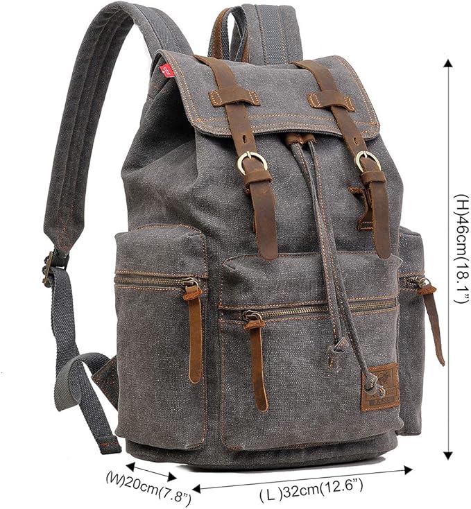 HuaChen Vintage Canvas Travel Backpack with Leather Trim, Laptop Padded Sleeve, Hidden Back Security Pocket, Fits 15-Inch, M32 Gray Large