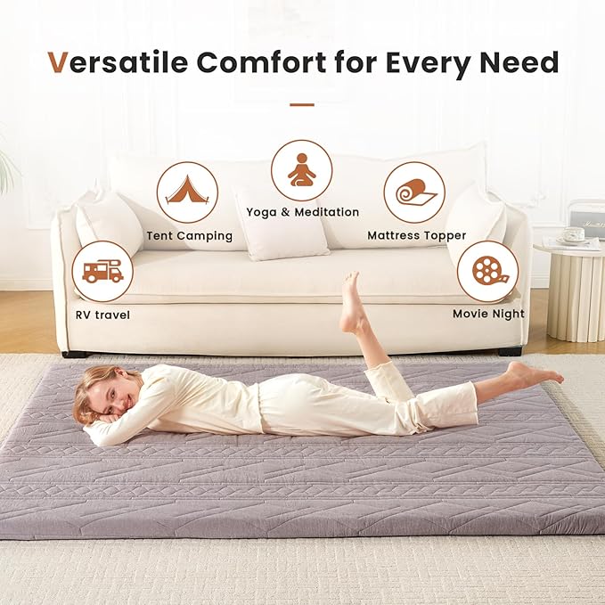 Japanese Floor Mattress Futon Mattress, 100% Cotton Washable Cover, Roll Up 2.5" Thick Tatami Mat, Portable & Foldable Floor Bed Mattress for Sleeping, Guest Room, Dormitory (Queen, Grey)