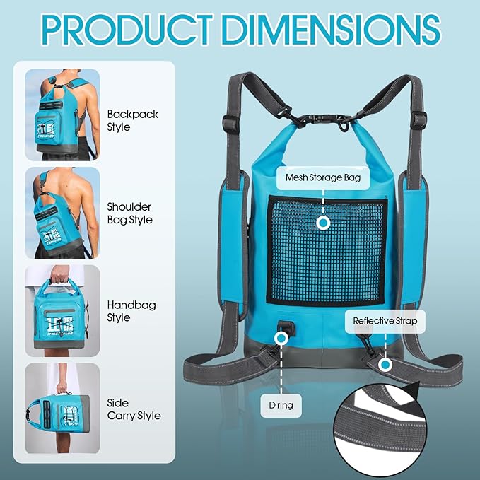 Dry Bag Waterproof,5L/10L/20L/30L Roll Top Dry Bag Backpack with WaterProof Phone Case for Swim,Kayak(Sky Blue 20L)
