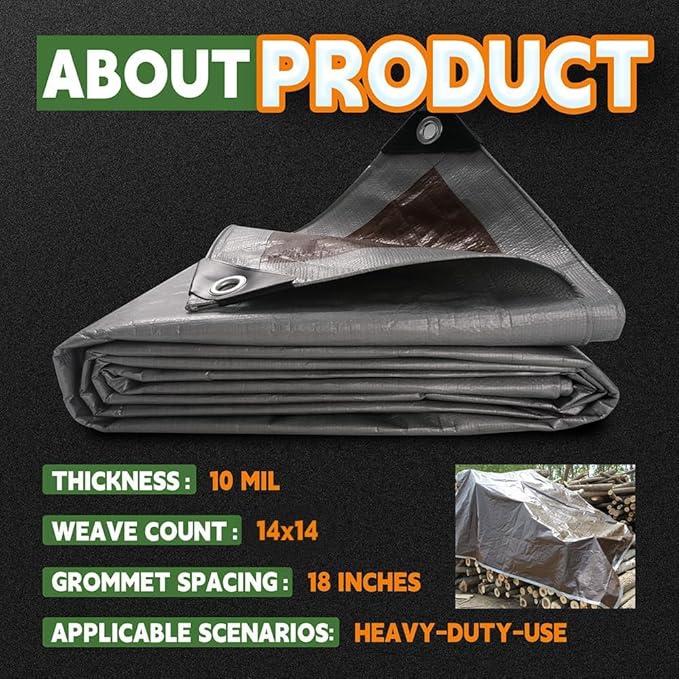RAINDEWAY Tarps Heavy Duty Waterproof 5x6 Feet,10Mil Thick Multipurpose Poly Small Tarp Cover with Metal Grommets and Reinforced Edges,Silver/Brown Tarp