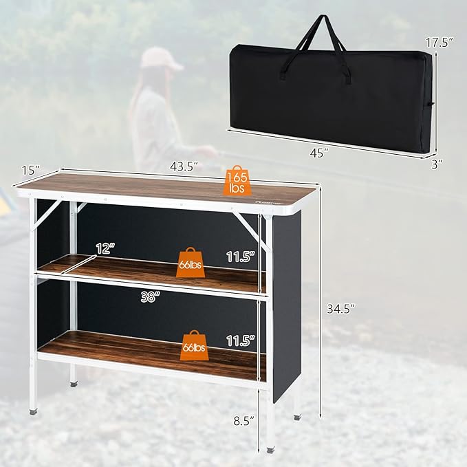 HAPPYGRILL Folding Camping Table with Storage, Aluminum Picnic Table with 2-Tier Shelves, Large Tabletop, Carry Bag, Removable Cloth Cover, Outdoor Lightweight Dining Camp Table for Picnic BBQ Party