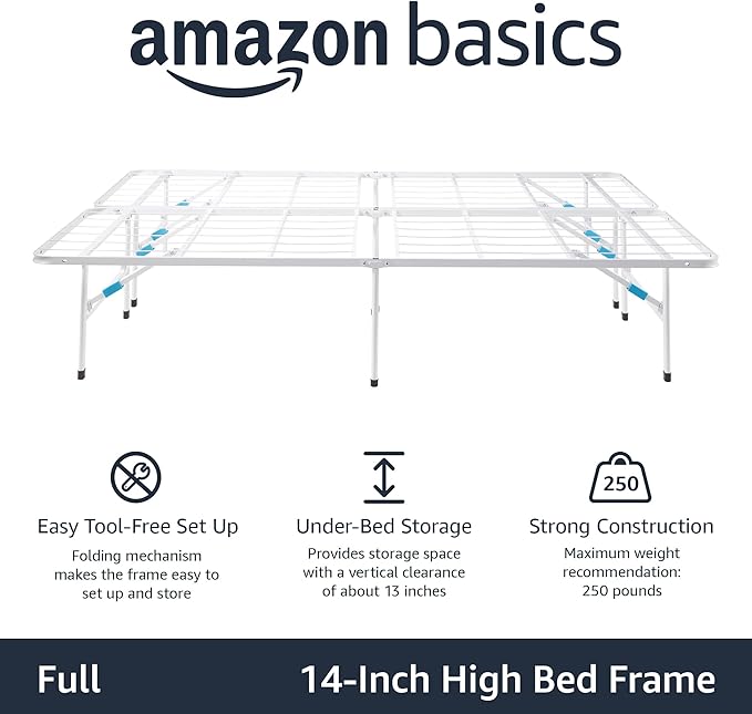 Amazon Basics Platform Bed Frame Full, Foldable Metal, Tool-Free Setup, 14 Inches High, White